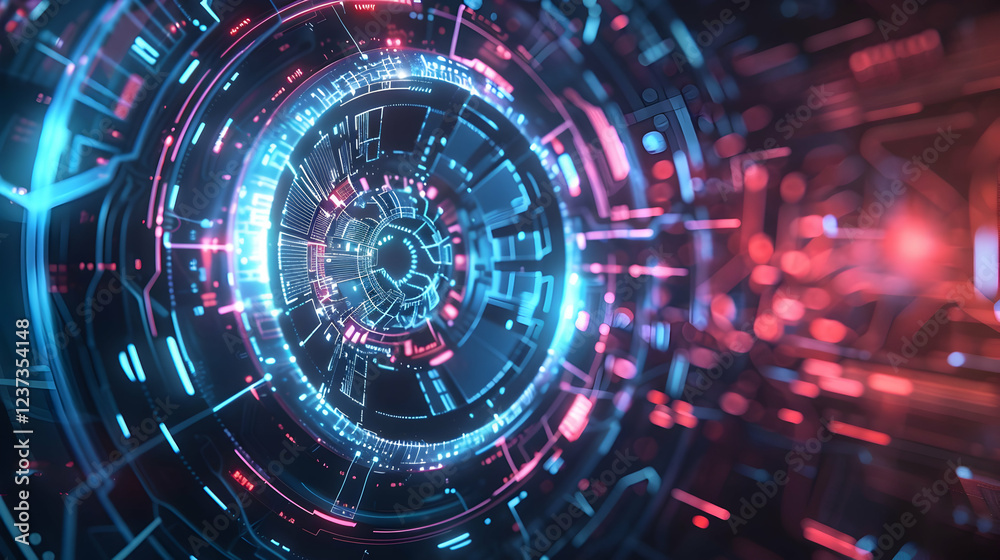 Obraz premium Futuristic digital interface with glowing circuits and patterns.