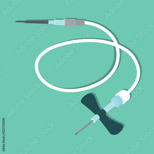 Flat style vector illustration of a butterfly needle on a solid turquoise background