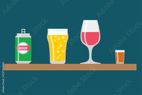 Flat style vector illustration of a can of beer, a pint glass of beer, a wine glass, and a shot glass of whiskey