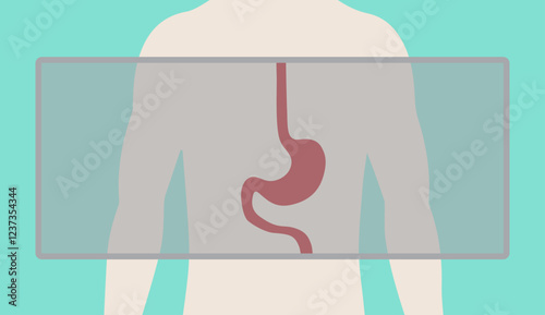 Flat style vector illustration of a person undergoing a gastric emptying scan, showing the stomach