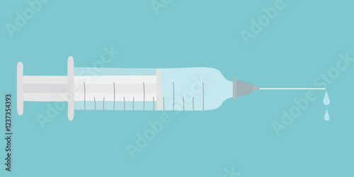 Flat style vector illustration of a syringe with a needle and fluid dripping from the needle tip