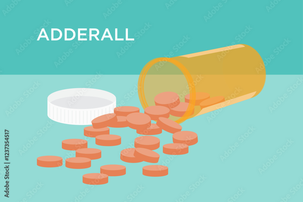Flat-style vector stock illustration of orange or peach colored 20 mg Adderall oval-shaped tablets with an orange prescription bottle