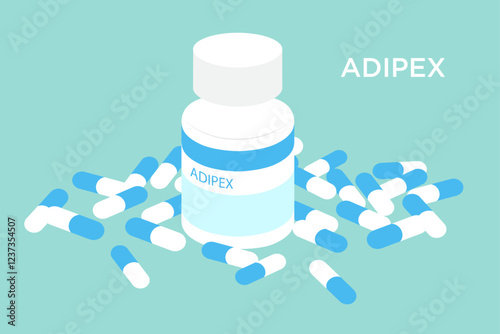 Flat-style vector stock illustration of Adipex weight loss medicine blue and white 37.5 mg capsules surrounding a white plastic prescription bottle