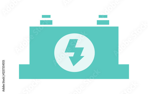 Icon of a large car-like industrial battery with terminals and lightning bolt for energy concept