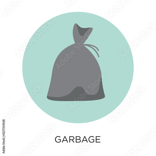 Vector flat style illustration or icon of a garbage bag inside a solid colored circle