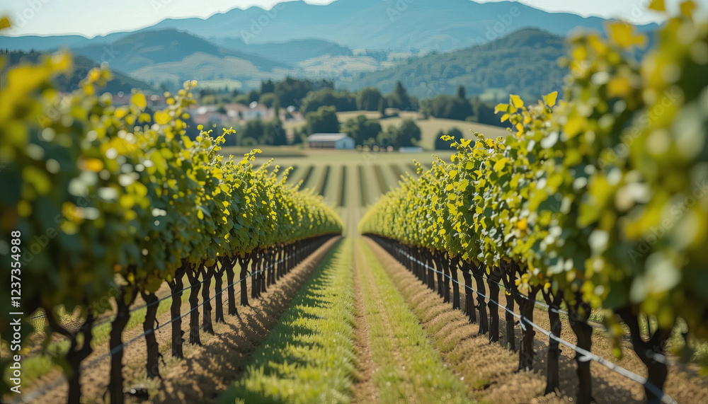Naklejka premium Lush vineyard rows stretch towards distant mountains under clear sky