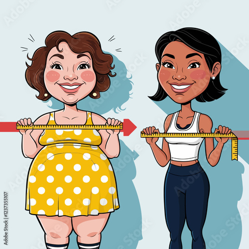 Woman measuring waist before and after loosing weight, cartoon vector illustration isolated on white background. Overweight and athletic version of young woman measuring herselves