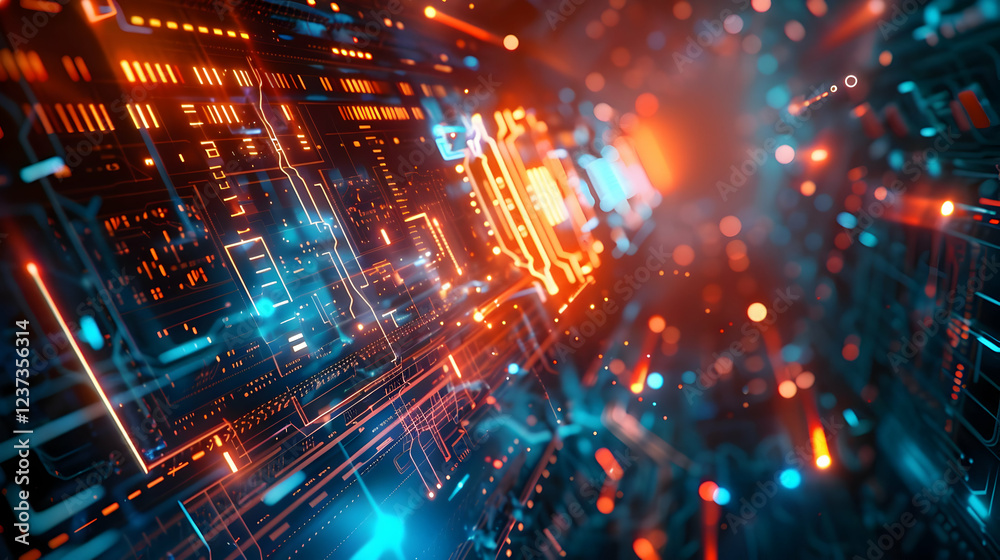 Abstract digital landscape with glowing circuitry and vibrant colors. Abstract digital landscape with glowing circuitry and vibrant colors.