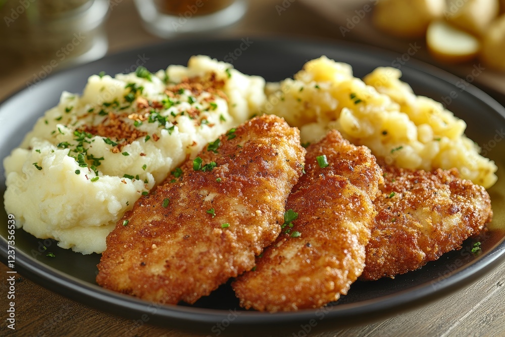 Crispy chicken, mashed potato, apple sauce. Delicious meal, rustic setting Crispy chicken, mashed potato, apple sauce. Delicious meal, rustic setting