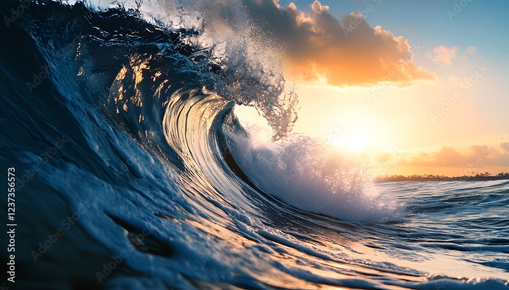 Fototapeta premium Majestic Ocean Wave at Sunset Golden Light