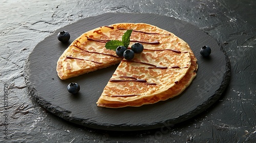 Delicious pancakes with blueberries and chocolate sauce on a dark plate. photo