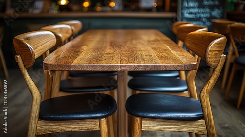 Empty wooden restaurant table with chairs. Interior shot. Suitable for catalog, restaurant ad, or design inspiration. photo