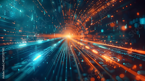 A vibrant digital tunnel with glowing lines and particles representing data flow.