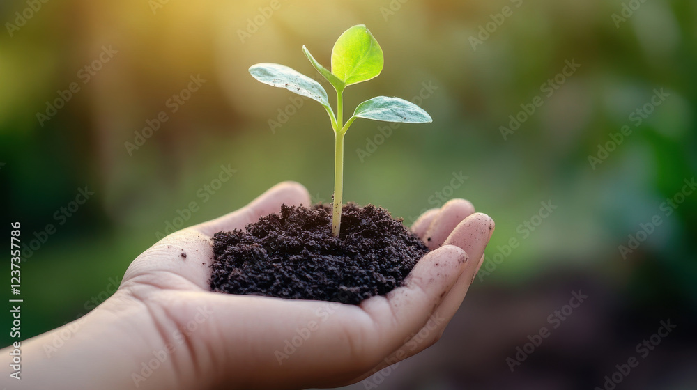 Hands holding a young green seedling growing in fertile soil with warm sunlight symbolizing sustainability environmental conservation and new life Hands holding a young green seedling growing in fertile soil with warm sunlight symbolizing sustainability environmental conservation and new life