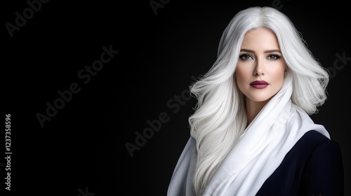 Elegant blonde woman, studio portrait, dark background, fashion