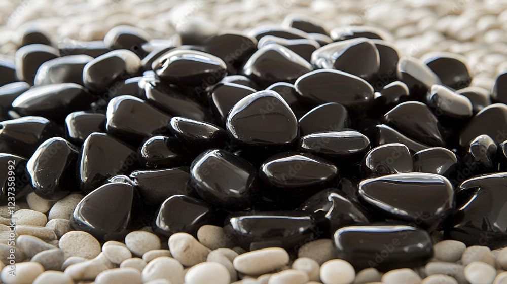 Obraz premium Black polished stones on pebbles, spa background, zen relaxation