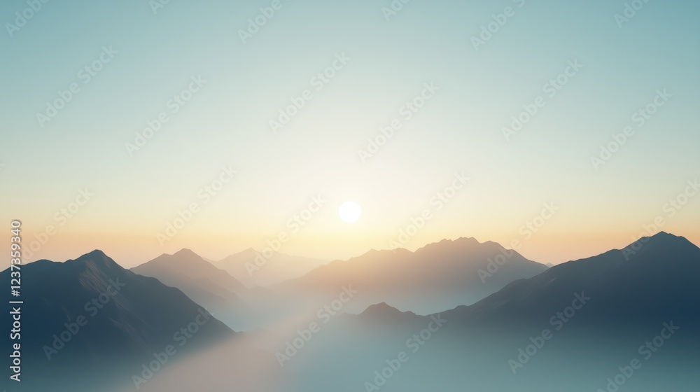 Sun shining over majestic mountain range at sunset creating a layer of fog Sun shining over majestic mountain range at sunset creating a layer of fog