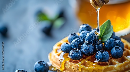 Honey Drizzled Waffle with Blueberries. photo