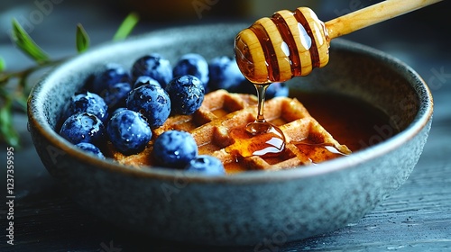 Honey-drizzled waffles with blueberries in a bowl. photo