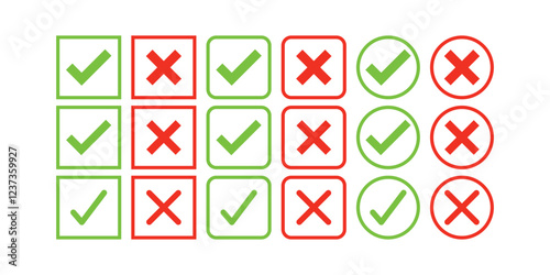Tick and cross, Right and wrong, Yes or no, approved and rejected. Green tick and Red cross. Red X icon. 