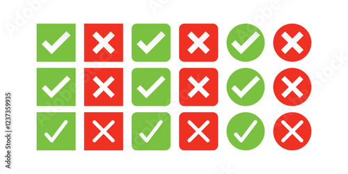 Tick and cross, Right and wrong, Yes or no, approved and rejected. Green tick and Red cross. Red X icon. 