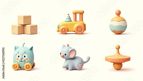 Realistic 3d different toys baby set include of pyramid, rattle, cubes, machine, spinning top. Vector cartoon newborn entertaining isolated illustrations. Plastic baby 3d render decorations