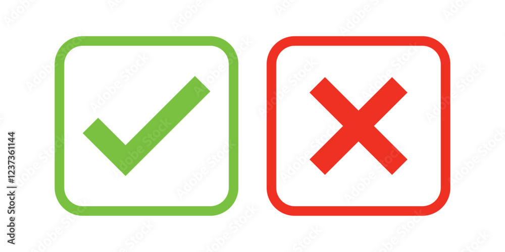 Check mark, Tick and X mark icon. Checkmark and x mark icon for apps and websites. Green and red check icon for UIUX app icons. Set check mark and cross. Vector illustration Check mark, Tick and X mark icon. Checkmark and x mark icon for apps and websites. Green and red check icon for UIUX app icons. Set check mark and cross. Vector illustration
