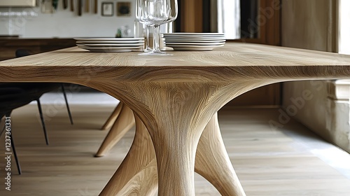 Modern wooden dining table detail, unique legs, light interior. photo