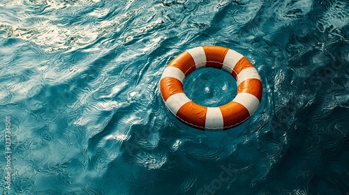 Orange Lifebuoy Floating in Rippled Pool Water. photo