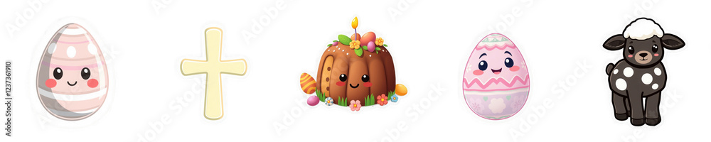 Obraz premium Easter PNG Set, Decorative Stickers with Rabbit, Lamb, Egg, Pie and Cross, Cute Style