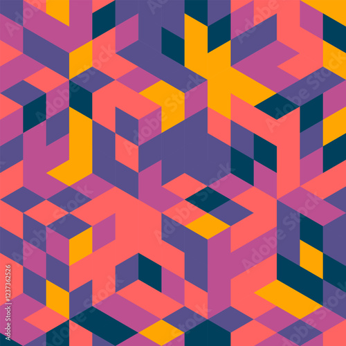 Abstract vector design of cubic type of colored squares based on purple, pink and orange colors