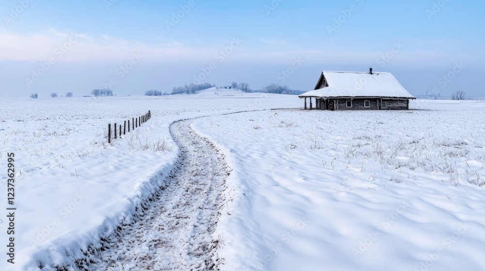 Winter cabin, snow path, rural landscape, tranquil scene Winter cabin, snow path, rural landscape, tranquil scene