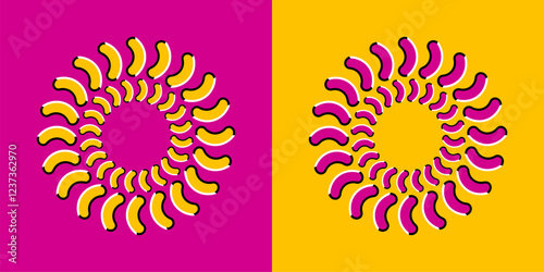 Abstract vector design of an optical illusion of a moving image in orange and purple