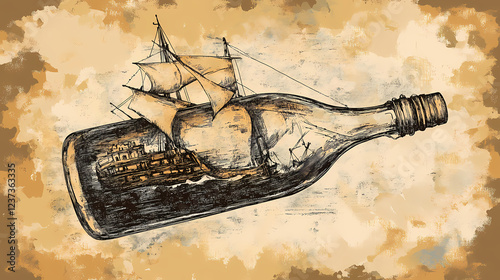 An old ship in a bottle detailed ink illustration muted colors. Delicate Ink. Illustration photo