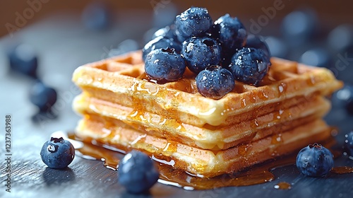 Stacked waffles with blueberries and honey drizzle on a dark slate surface. photo