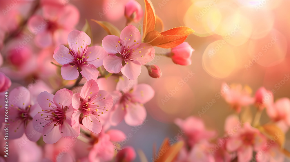 A close-up of delicate pink blossoms with a soft, warm background.