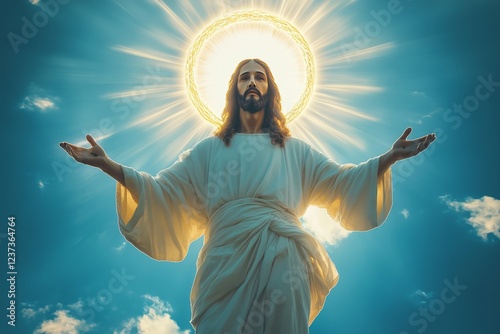Jesus christ ascending to heaven with open arms and golden halo