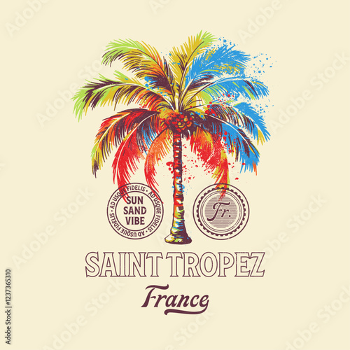 HAND DRAWN PALM TREE PAINTED TROPICAL BEACH RESORT DESTINATION TRAVEL FRENCH FRANCE VINTAGE TSHIRT TEE PRINT FOR APPAREL MERCHANDISE