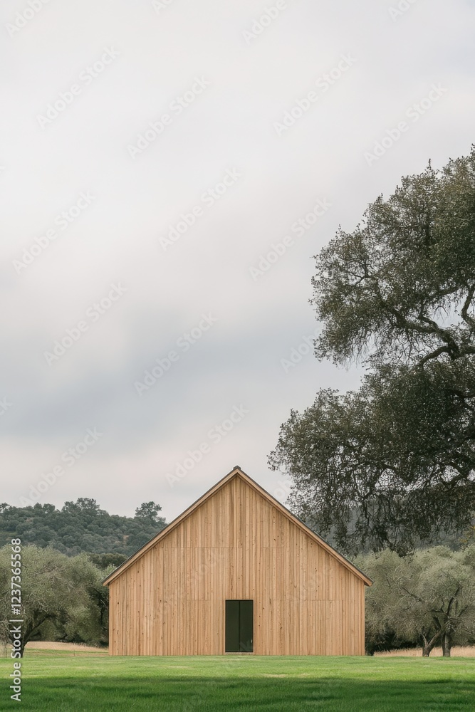 Fototapeta premium A charming wooden barn rests peacefully amid lush green grass and olive trees, all set beneath a beautifully overcast sky in the tranquil countryside
