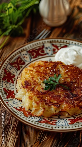 Potato rosti with chives on wooden table. Traditional Swiss dish. Selective focus. AI generated illustration