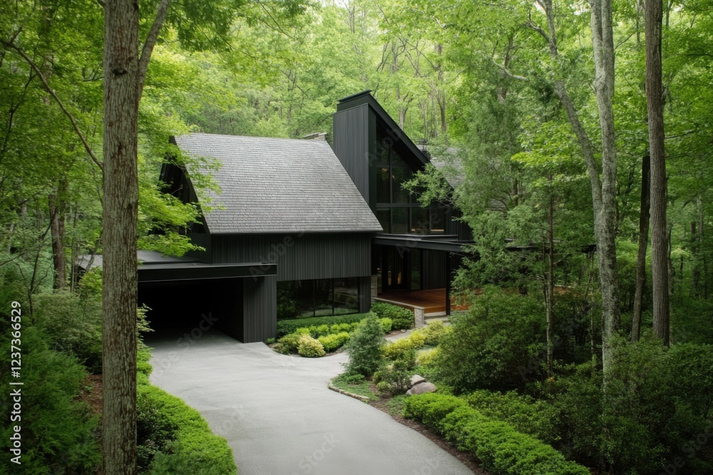 Modern black house nestled in lush forest surrounded by greenery with sleek architecture and natural light during daytime Modern black house nestled in lush forest surrounded by greenery with sleek architecture and natural light during daytime