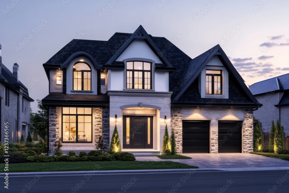 This elegant modern house, infused with traditional influences, is beautifully illuminated in the evening, standing out on a tranquil suburban street This elegant modern house, infused with traditional influences, is beautifully illuminated in the evening, standing out on a tranquil suburban street