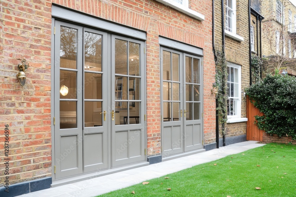 Obraz premium Graceful grey double doors swing wide, revealing a beautifully manicured garden that enhances the charm of a lovely brick house, all bathed in the warm glow of late afternoon light