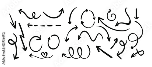 Set of simple lines hand drawn black arrows in various style. Set of simple of hand drawn black arrows. Set of simple lines hand drawn black arrows. Various of simple lines arrows collection
