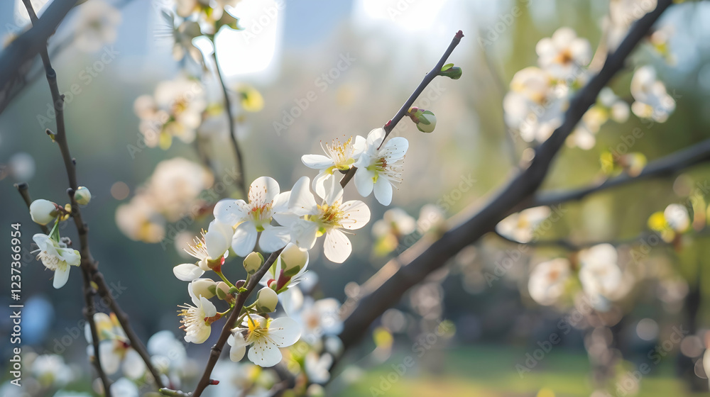 A close-up of blossoming white flowers on a branch, illuminated by soft sunlight. A close-up of blossoming white flowers on a branch, illuminated by soft sunlight.