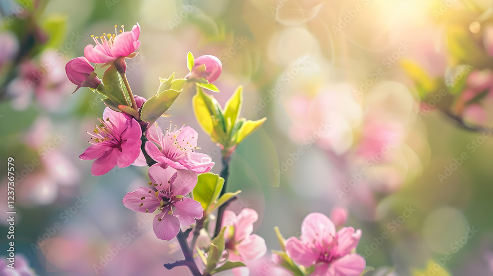 Fototapeta premium Delicate pink blossoms on branches with soft sunlight creating a serene atmosphere.