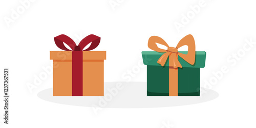 Gift boxes set. Holiday presents wrapped in festive paper wrapping, decorated with ribbon bows, strings and twines. Christmas giftboxes. Flat vector illustrations isolated on white background.