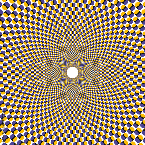 Vector design of optical illusion of concentric cylinders moving slowly in a static image in yellow and tones.