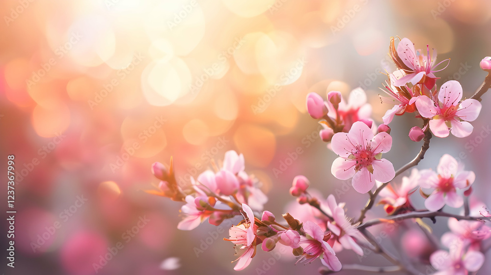 A serene close-up of blooming pink cherry blossoms against a soft, blurred background. A serene close-up of blooming pink cherry blossoms against a soft, blurred background.