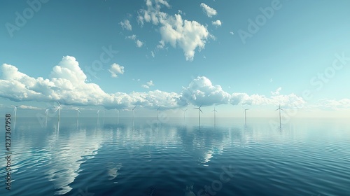 wind turbines in the sea with moon in the background. AI generated illustration
